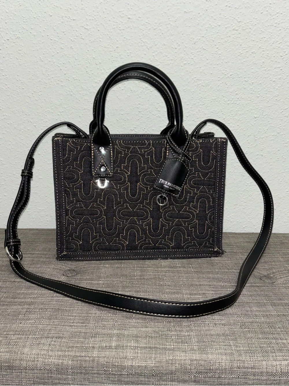 True Religion Black Quilted Tote with Strap